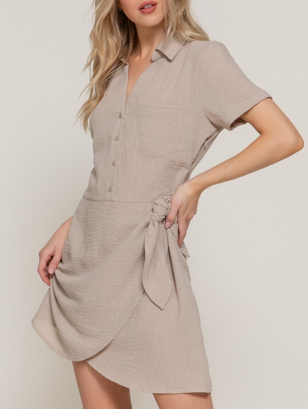 Linen Like Short Sleeve Wrap Dress with Tie | *Tan Size S